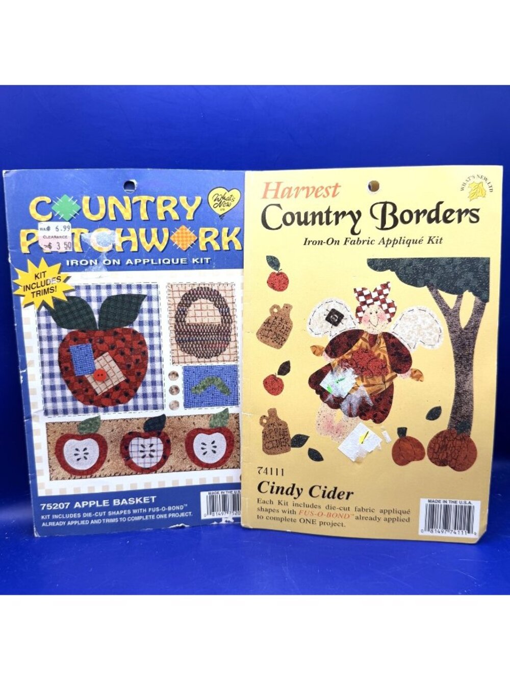 2 Vintage Iron On Fabric Applique Kit Apple Basket Cindy Cider Country Patchwork